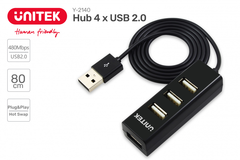 UNITEK Y-2140 hub 4x USB 2.0 mini - czarny